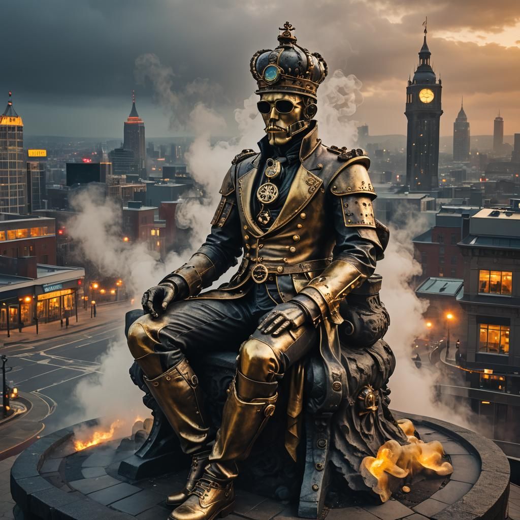 Steampunk Smoking Crown Monument in Golden Light