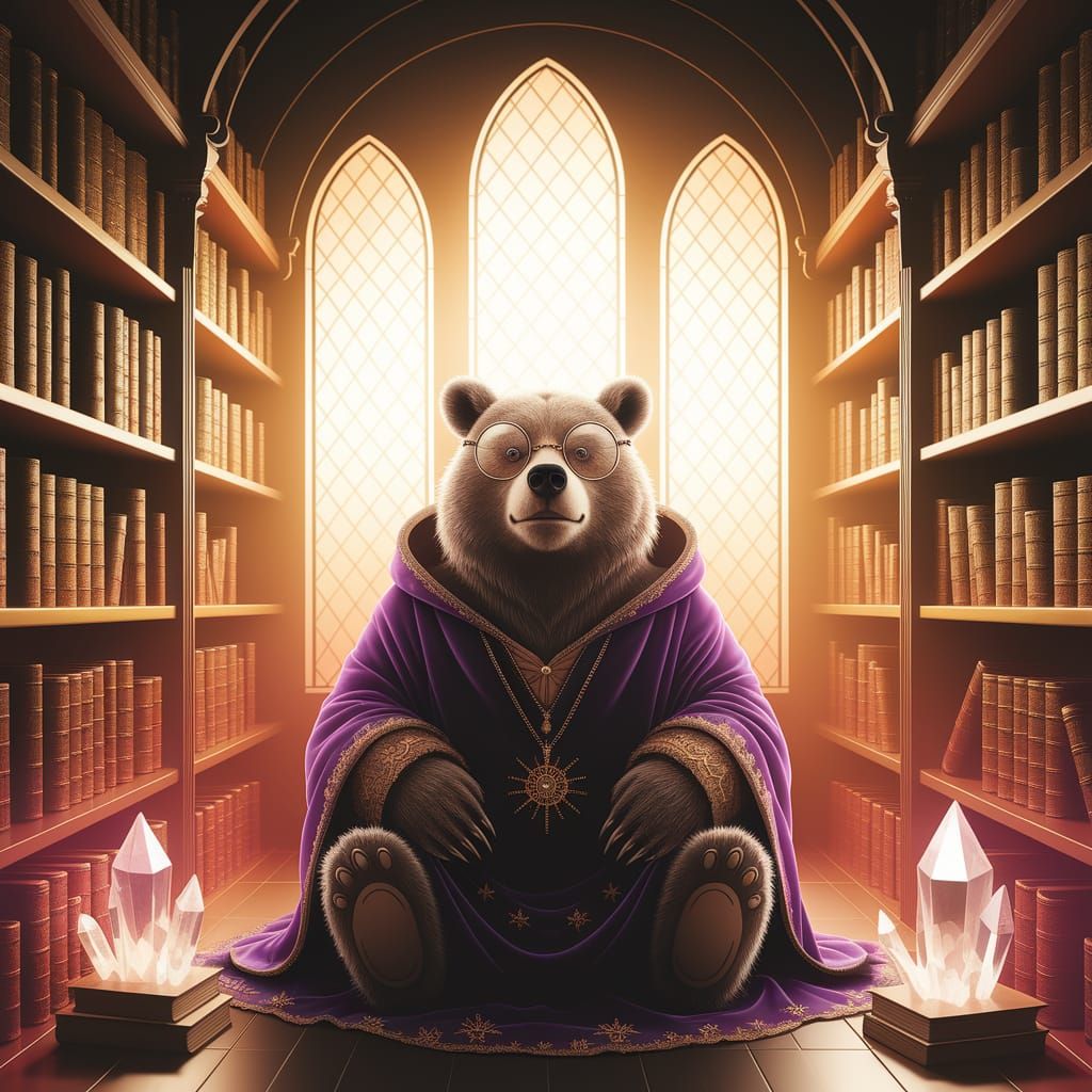 Cozy Library Sanctuary with Wise Bear