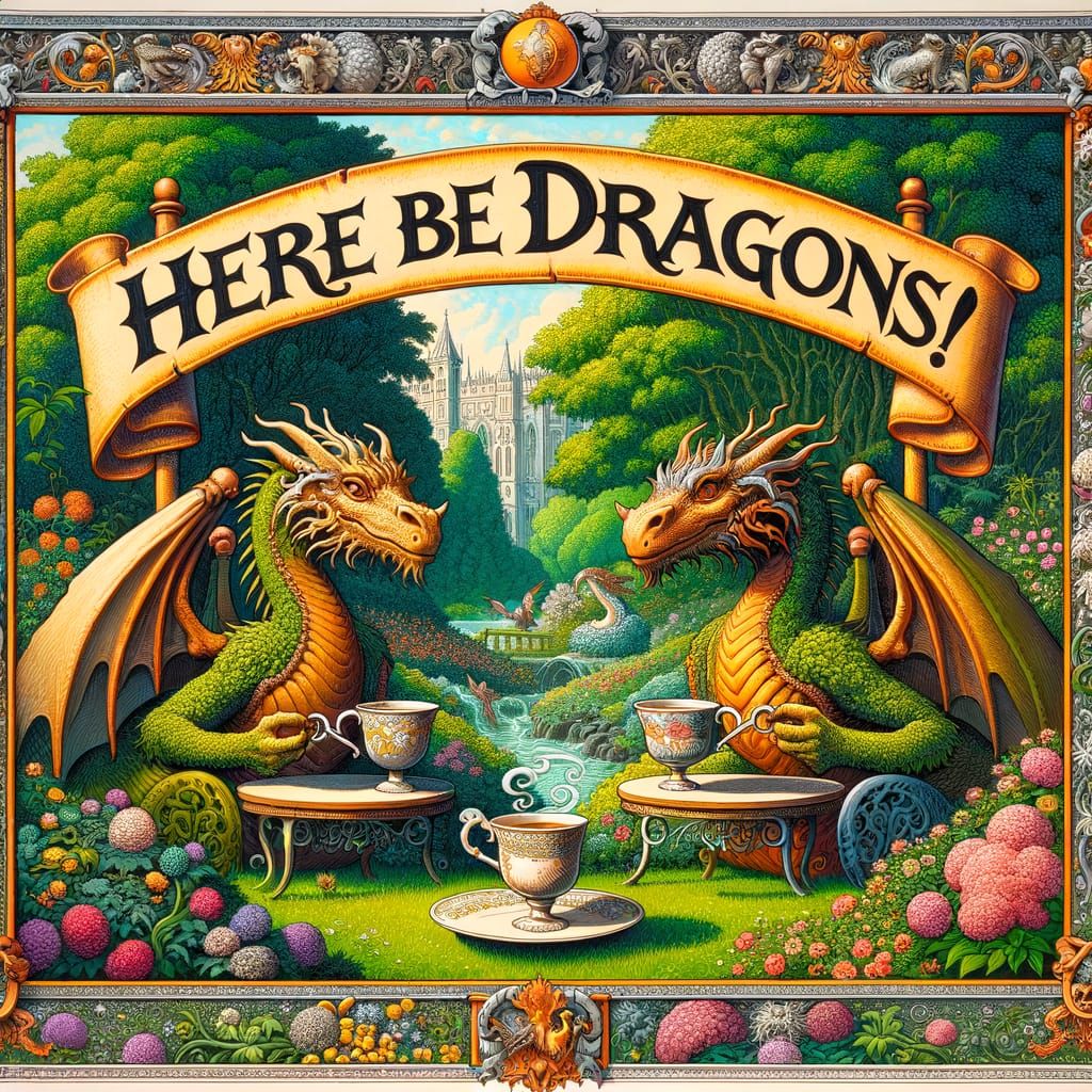 Dragons' Tea Party in Illuminated Garden