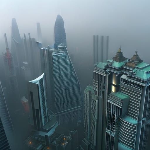 Futuristic Tokyo: Skyscrapers in Dense Fog