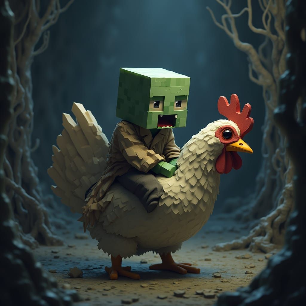 Minecraft Zombie Baby Rides a Pixelated Chicken in a Dark, E...