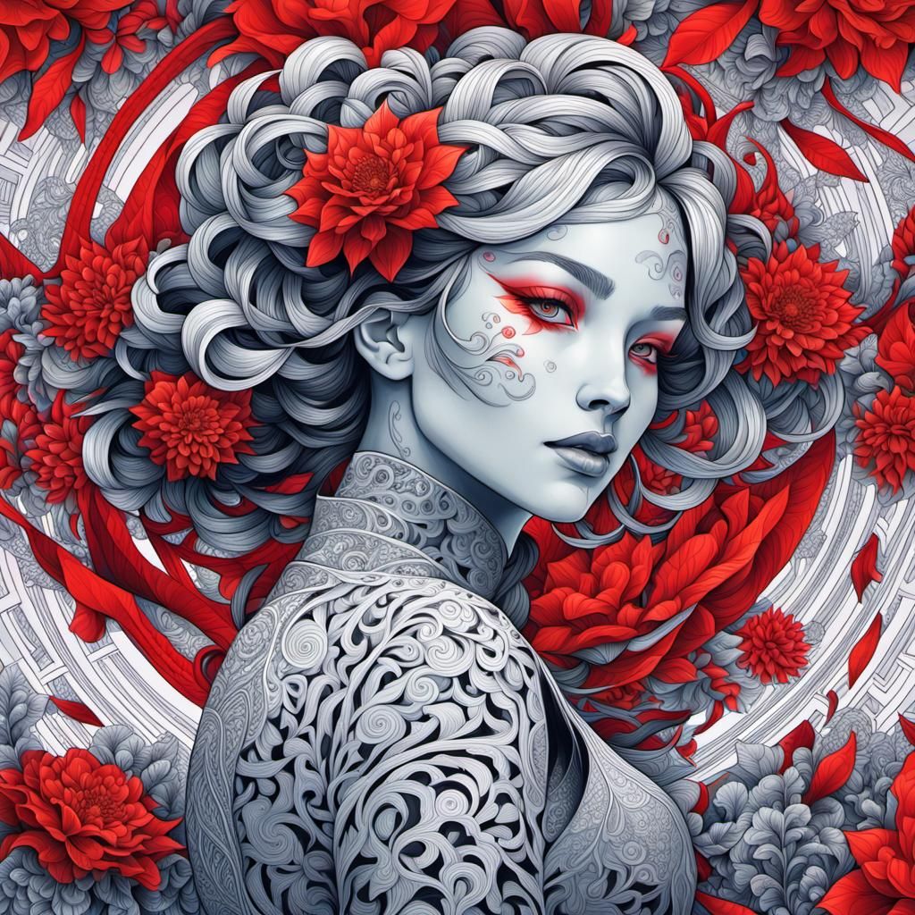 Fractal Zentangle Art with Red Flowers