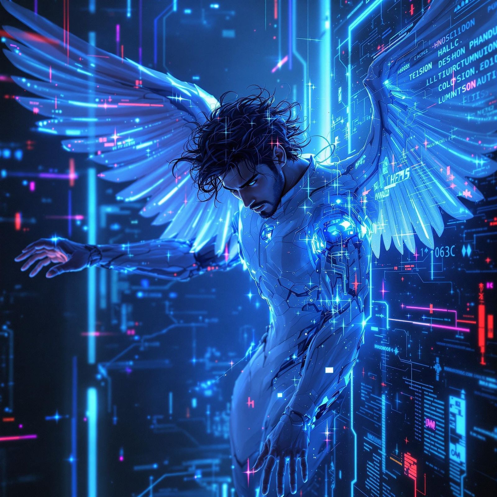 Portrait of a digital Hispanic male angel trying to escape back into a computer, caught mid-escape, glitching out, glitc...