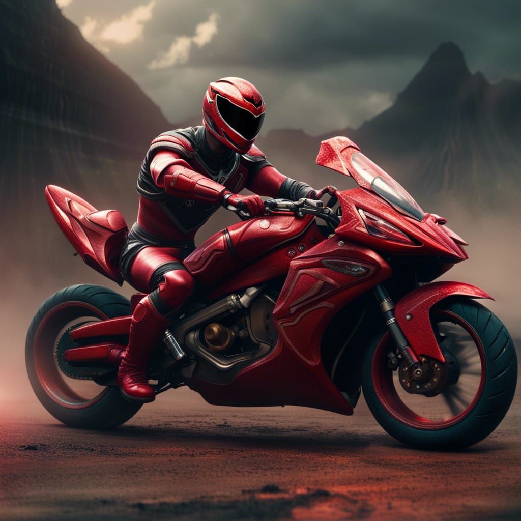Red power ranger on motorcycle