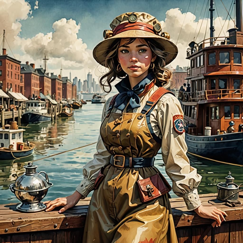 Whimsical Fisher Girl Steers Vintage Steamboat