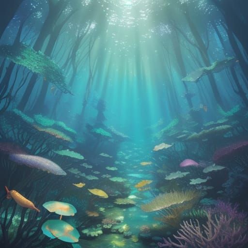 Impressionist Fish Swim Surreal Forest Canopy