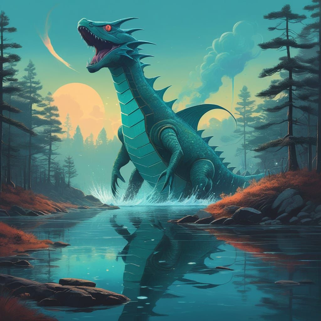 Serpentine Gyrados Emerges from Turquoise Ocean in Sunset Hu...