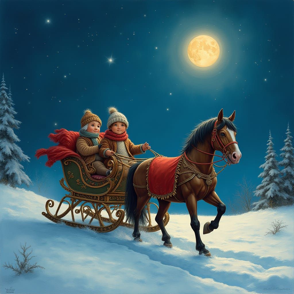Moonlit Sleigh Ride in a Whimsical Style