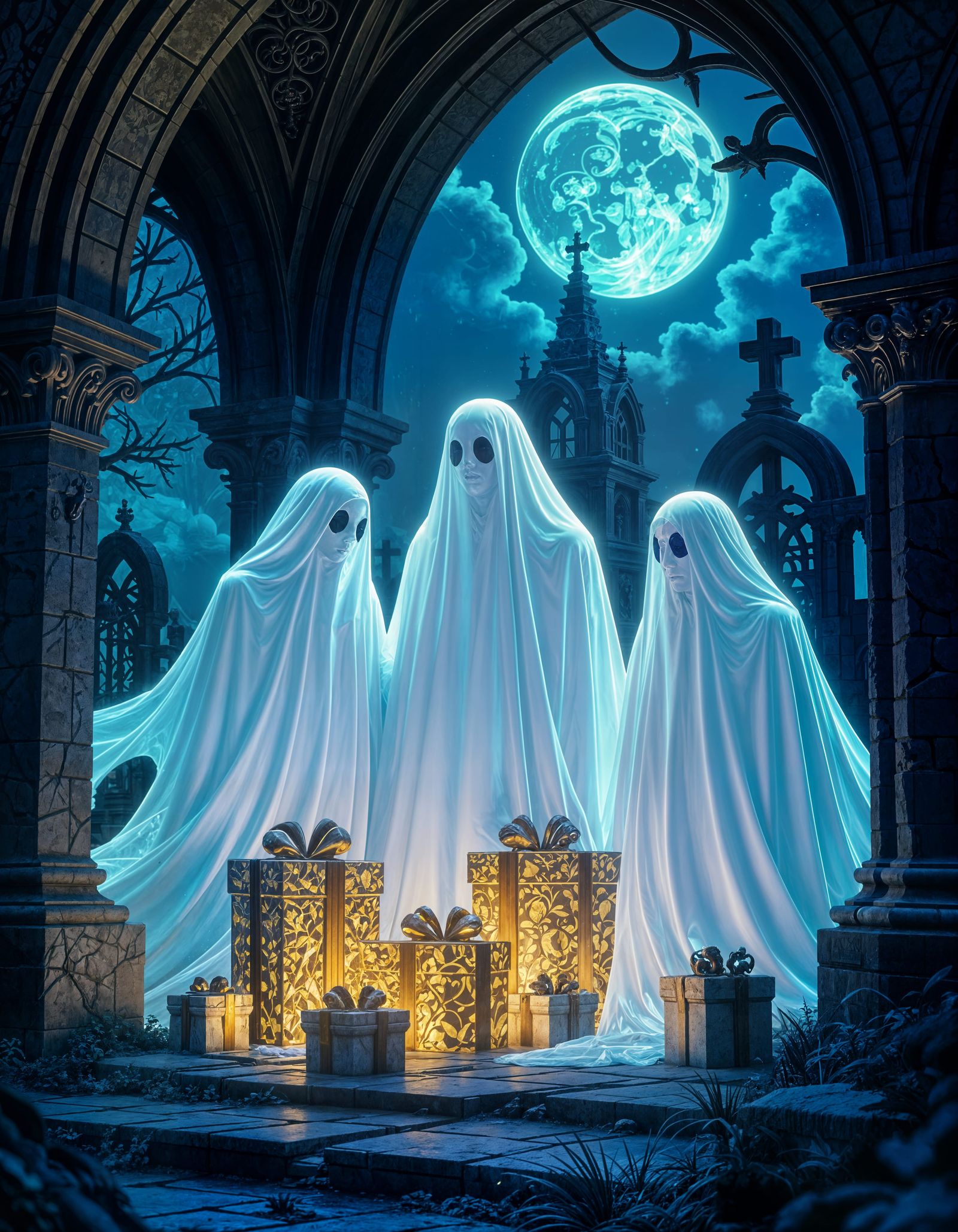 Ghosts Celebrate Christmas in Crypt, Dark Fantasy Art