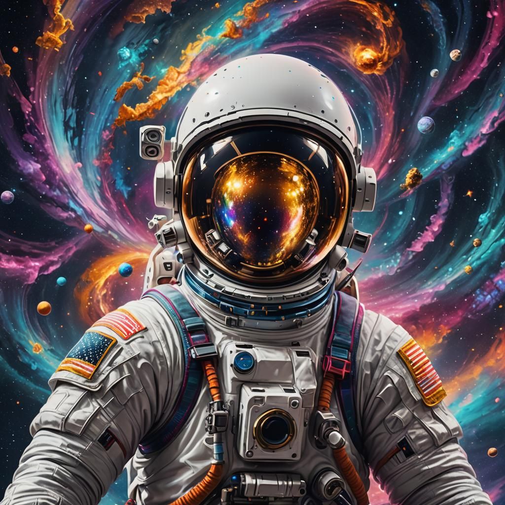 Astronaut in Spacesuit Amidst Swirling Galaxies