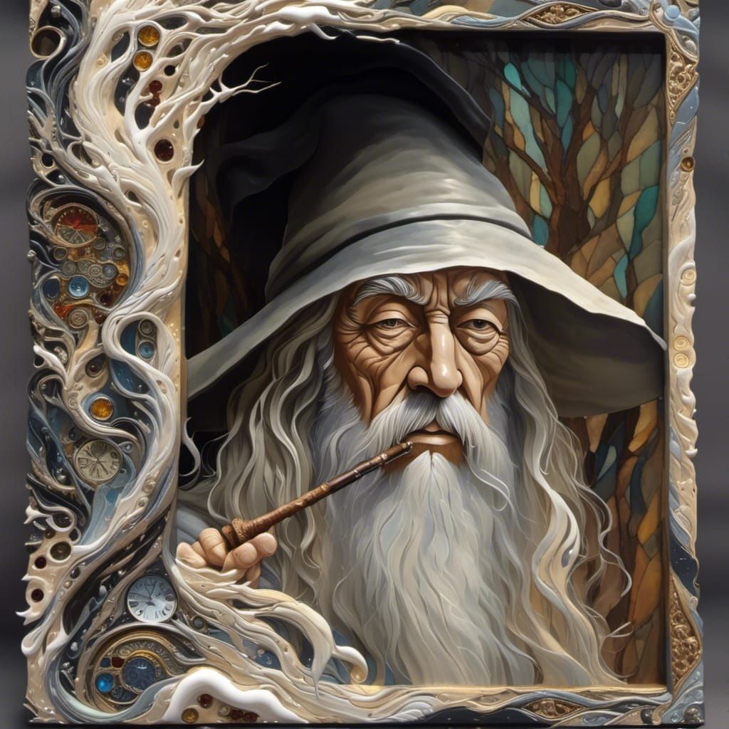 <lora:Mail Art:1.0>  In a captivating Portrait depiction of Gandalf with his long smoking pipe, the legendary sorcerer f...