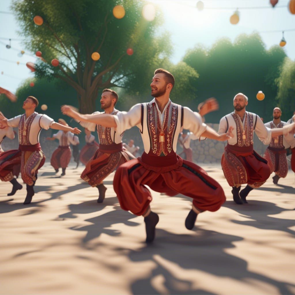 I can feel the music, it's a folk dance,  the rhythm, men dancing, arms and legs swinging high. 3D Game Cinematic Feel, ...