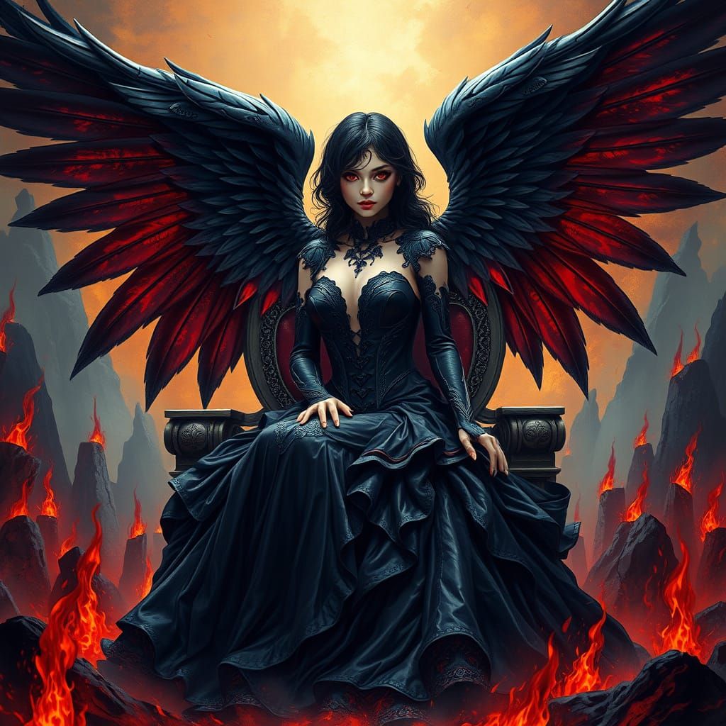 Victorian Angel on Brimstone Throne in Alcohol Ink Style