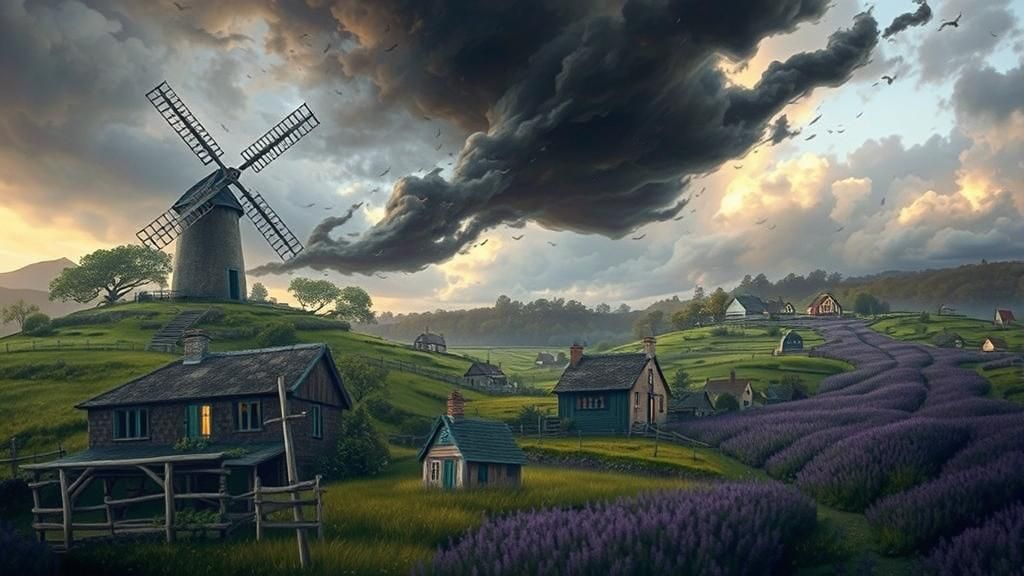 Windmill in Stormy Landscape, Classic Painting Style
