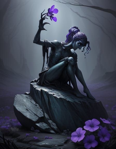 Cracked Stone Statue with Glowing Violets, Digital Matte Pai...