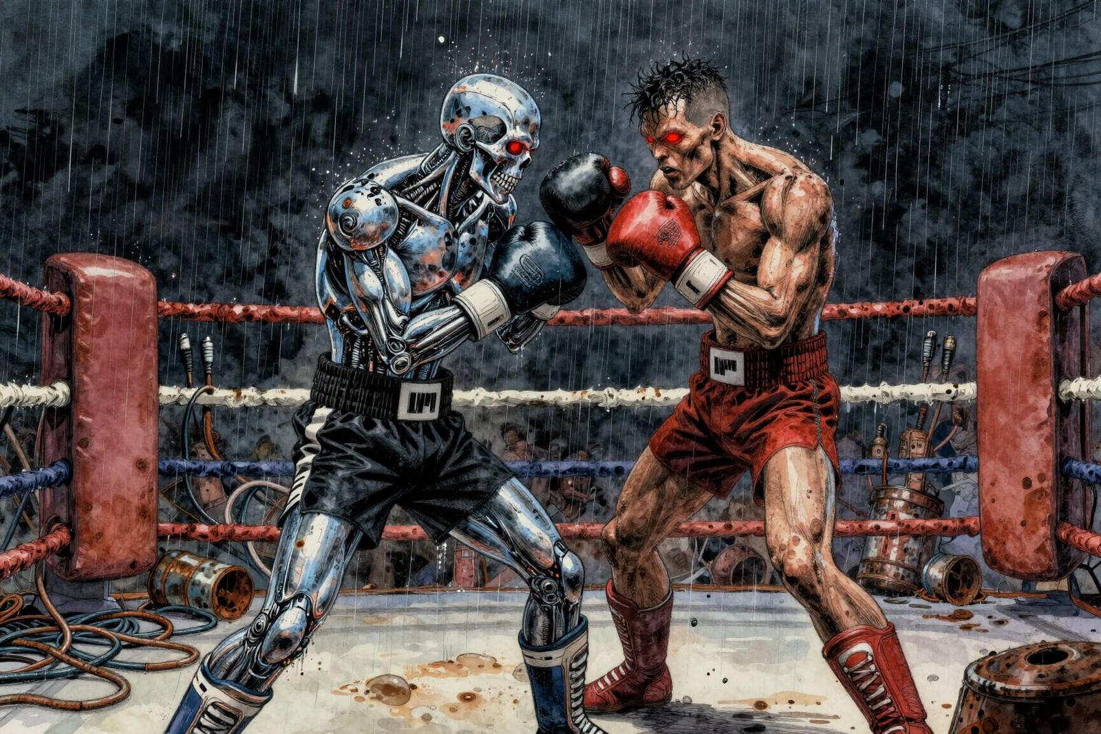 Cyborg Boxers Grapple in Acid Rain Arena