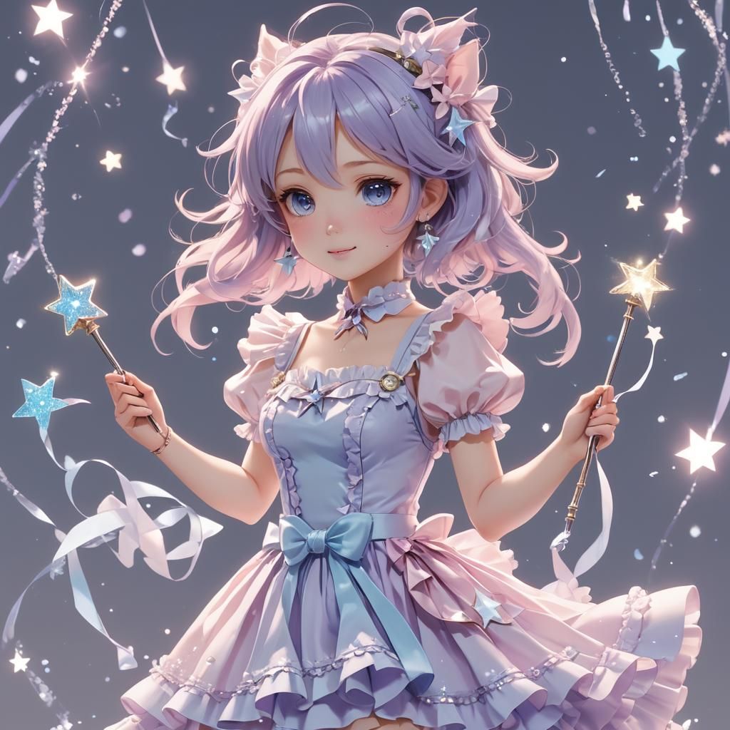 Magical Girl with Sparkling Wand in 3D Anime Style