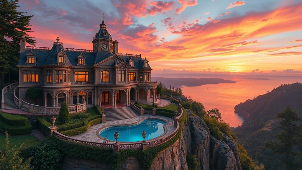 Victorian Cliffside Mansion with Pool in Comic Book Style