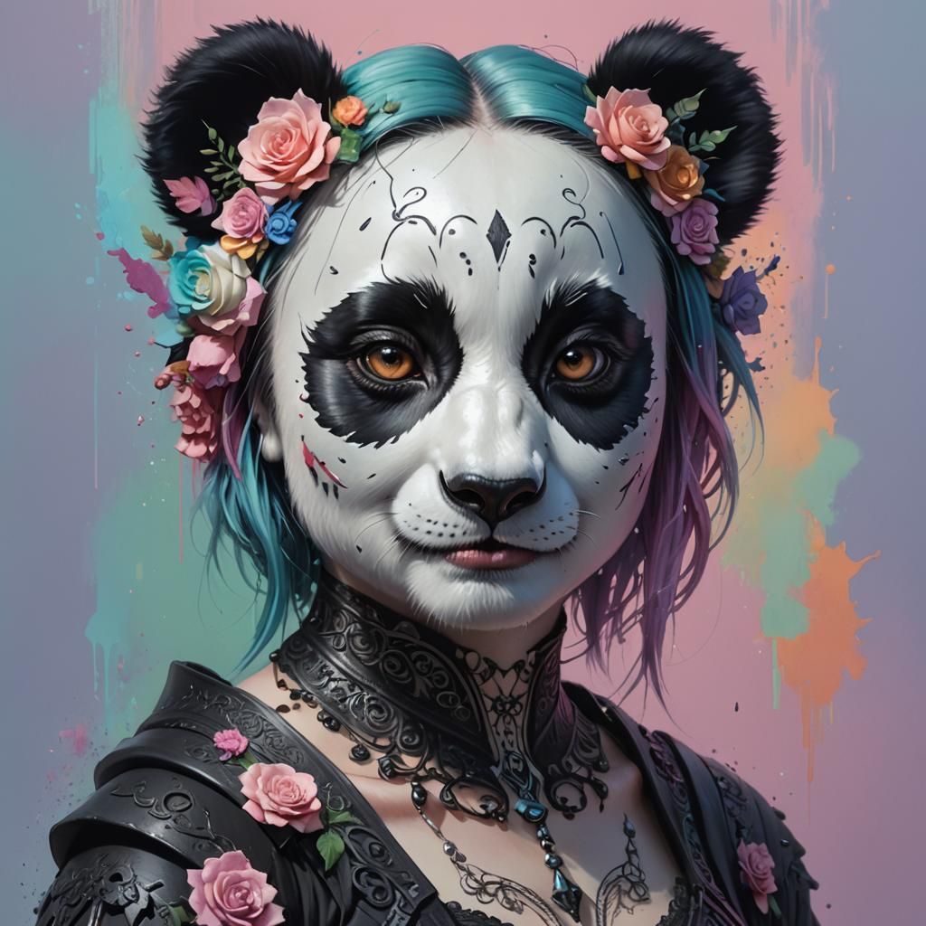 Pastel Goth Panda Girl in Splash Art Style