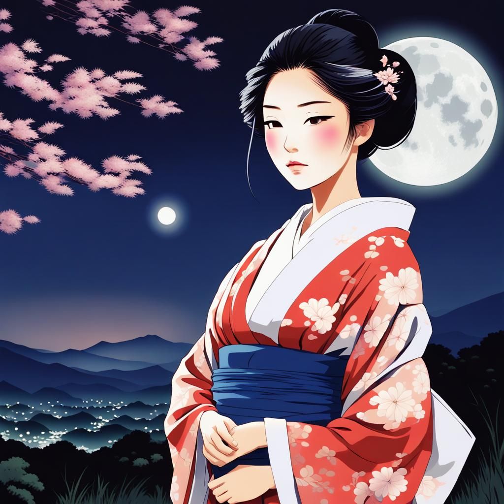 Woman Gazing at Moonlit Sky in Digital Painting