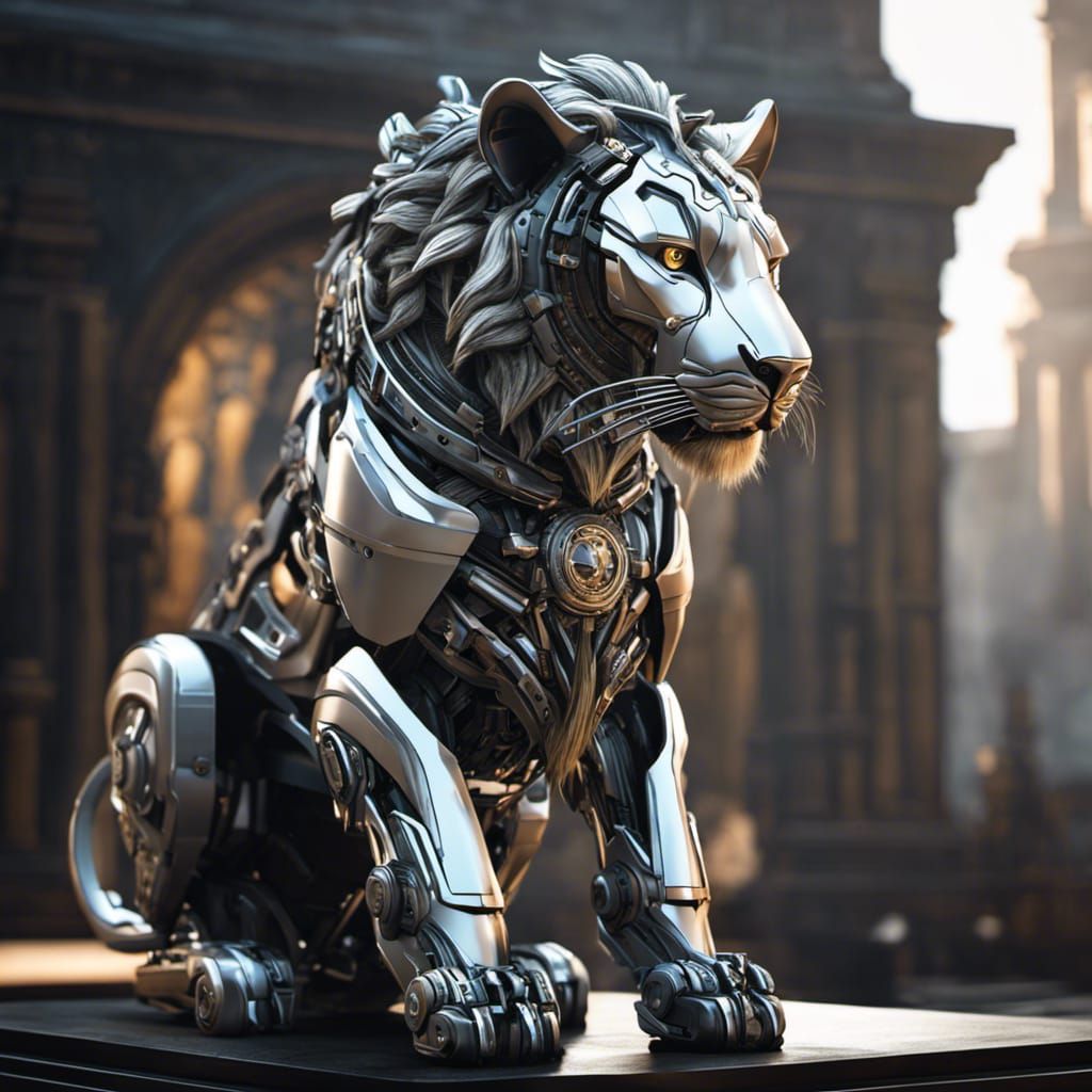Gothic Robot Lion with Glass Skin, Digital Art