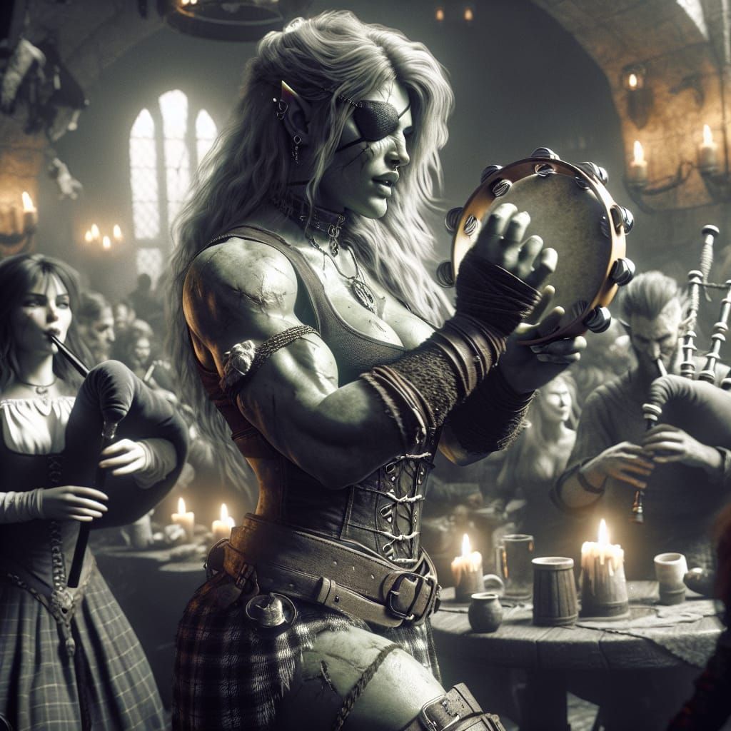 Orc and Elf Tavern Musicians in Hyperrealism