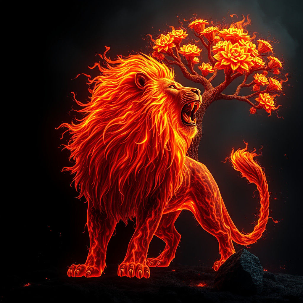 Majestic Fiery Lion Roaring in Darkness