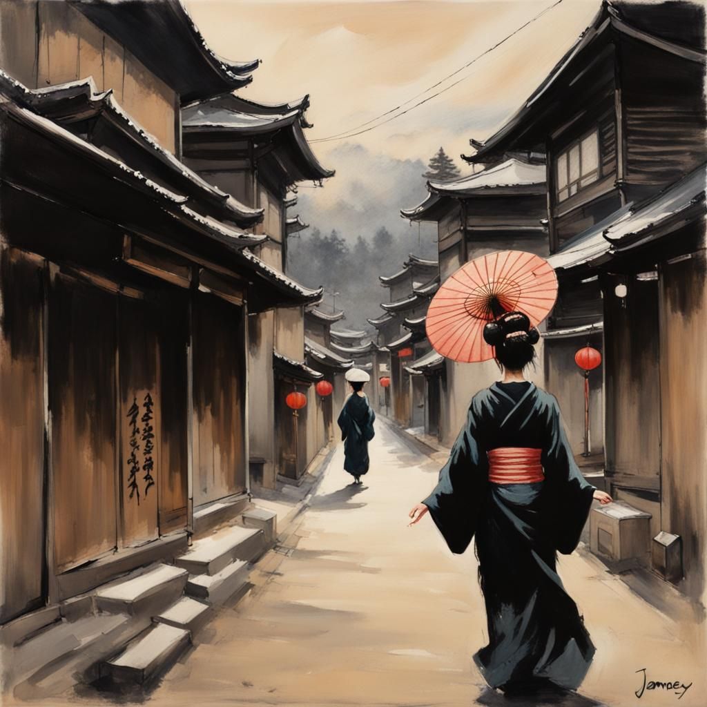 Geisha in Black Ink Leaving Japanese Town