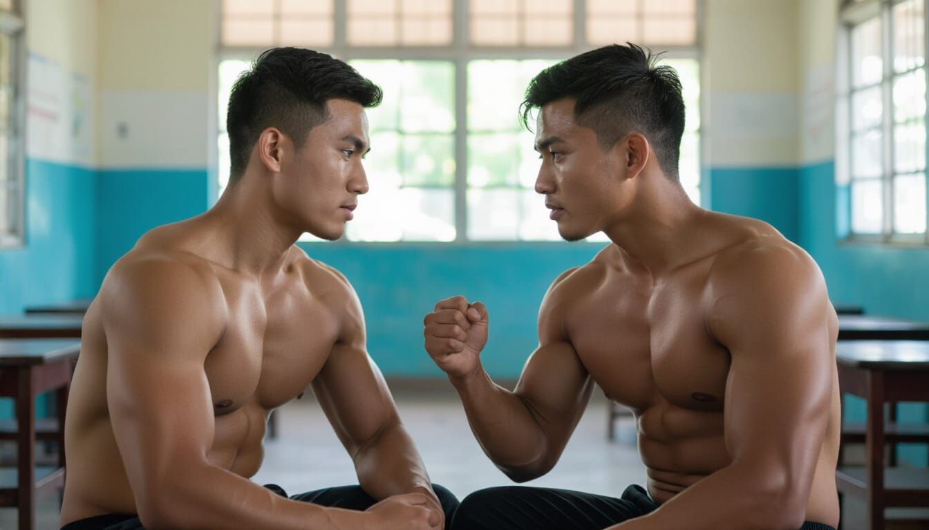 Shirtless Muscular Men Embracing in Tattered Shorts