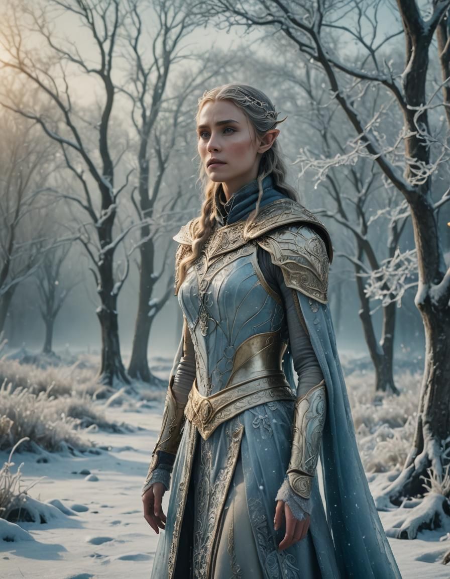 Elven Woman in Frozen Landscape: Cinematic Film Still