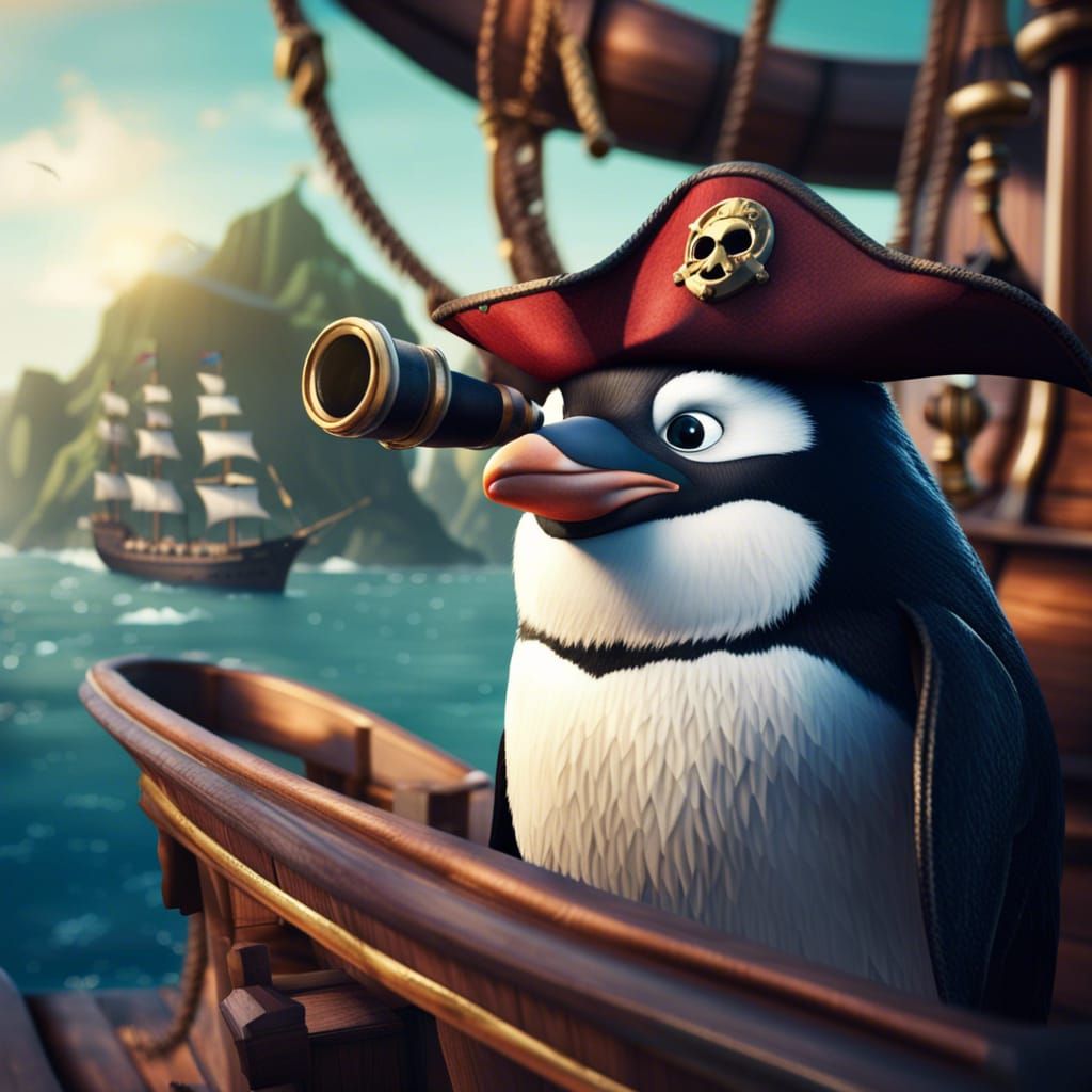 Penguin Pirate on Ship: Detailed Matte Painting