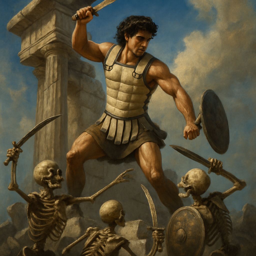 Greek Hero Battles Skeletons with Sword on Marble Ruins