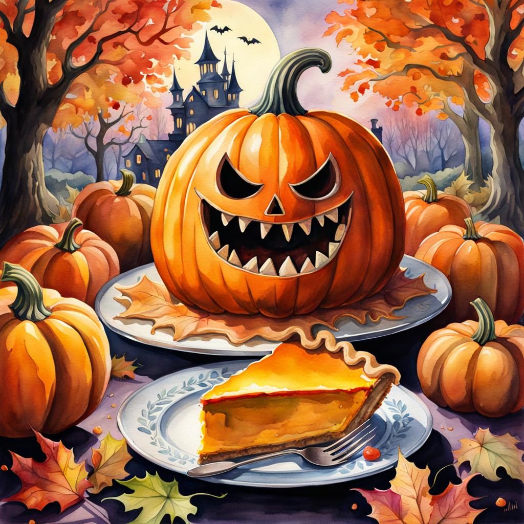 Spooky Pumpkin Pie Monster Watercolor Illustration