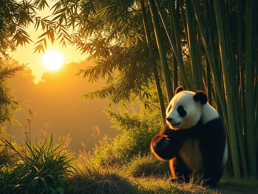 Panda in Bamboo Grove During Golden Hour