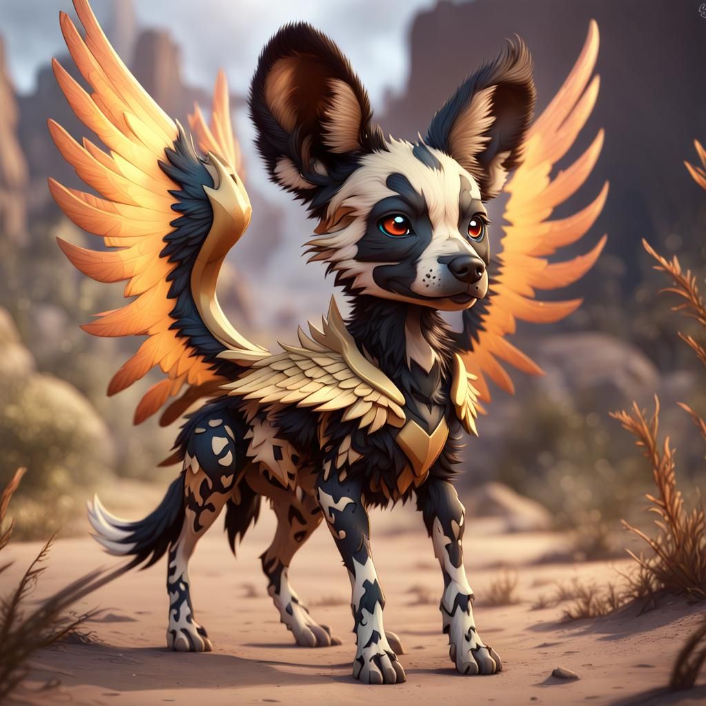 Chibi African Wild Dog with Phoenix Wings