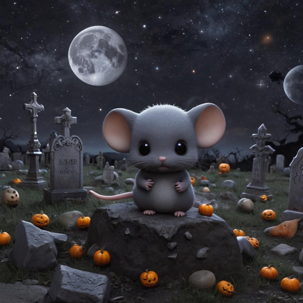Halloween Chibi Mouse in Graveyard, Hyperrealistic Photo
