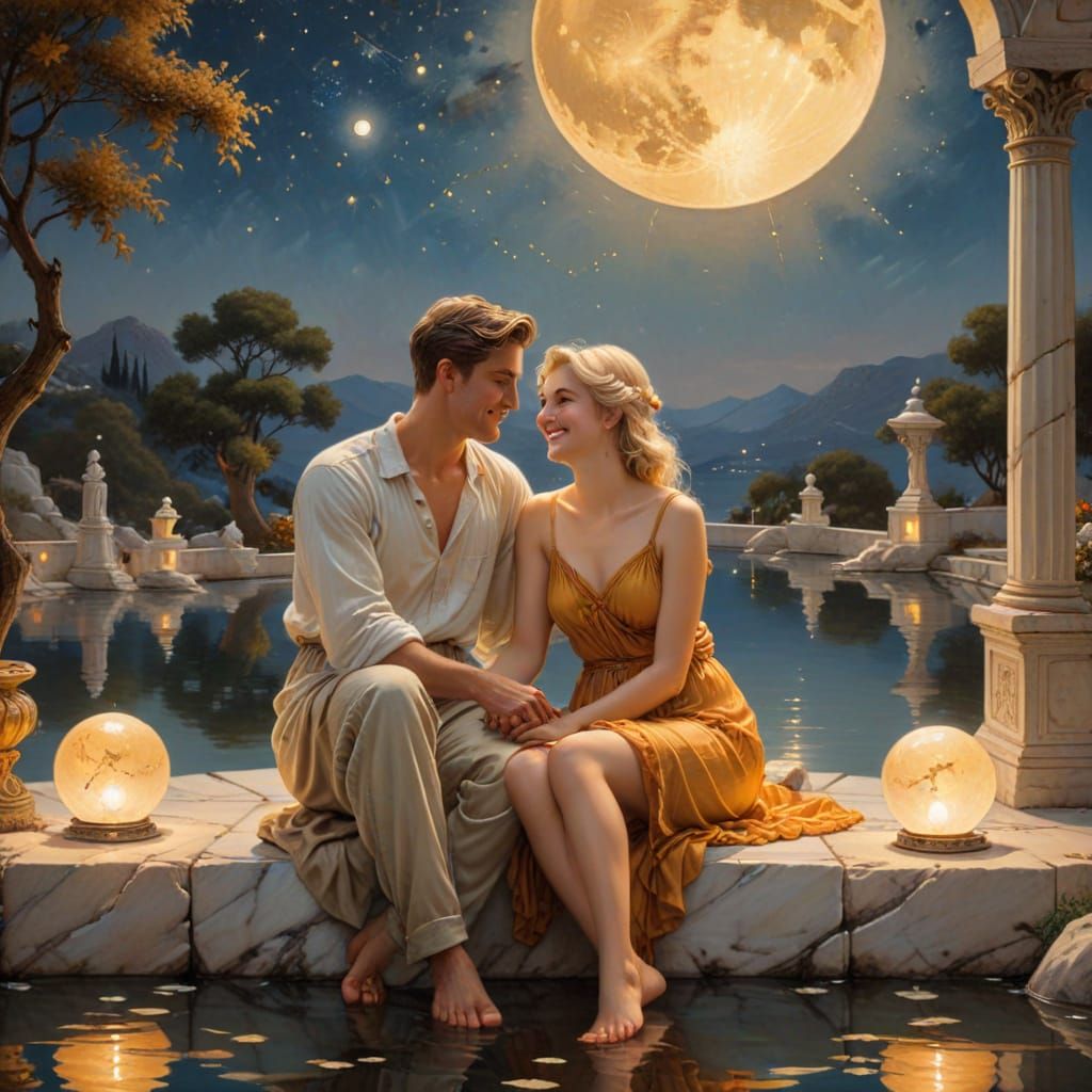 Idyllic Evening Oil Painting of a Couple in a Mediterranean ...