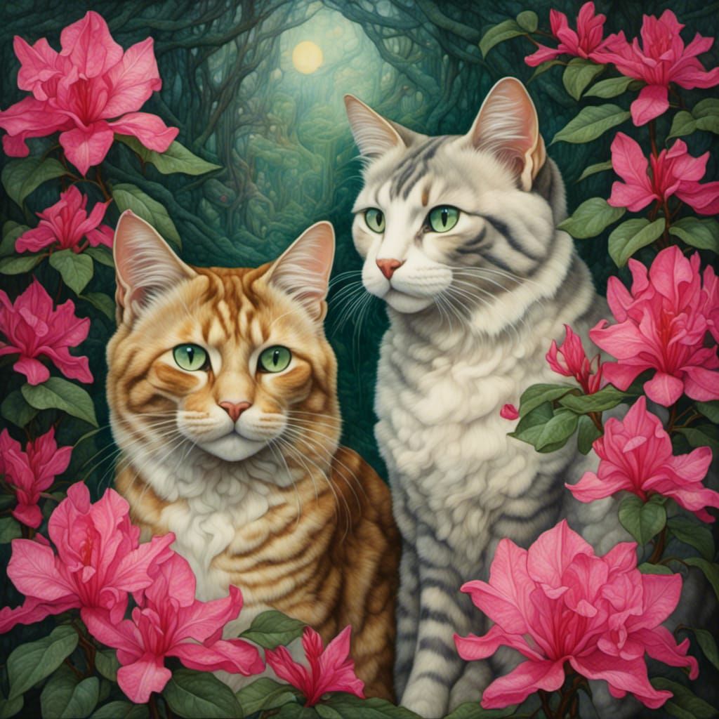 Tabby Cats with Rhododendrons in Watercolor Style