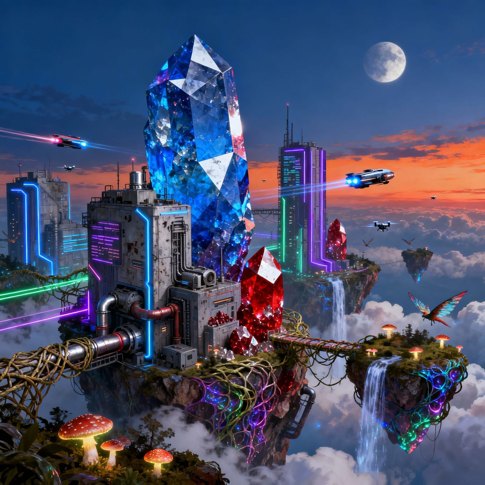 Fantastical Floating City of Crystal Towers at Twilight