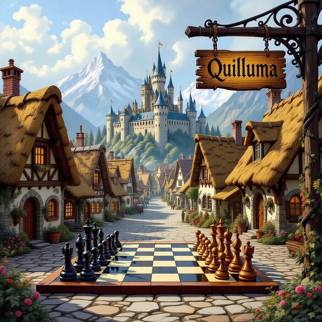 Medieval Village Chess Game in Fantasy Art Style