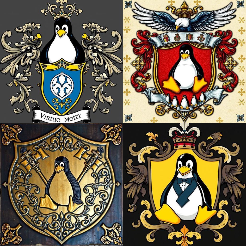 Tux the Penguin Surrounded by Heraldic Iconography