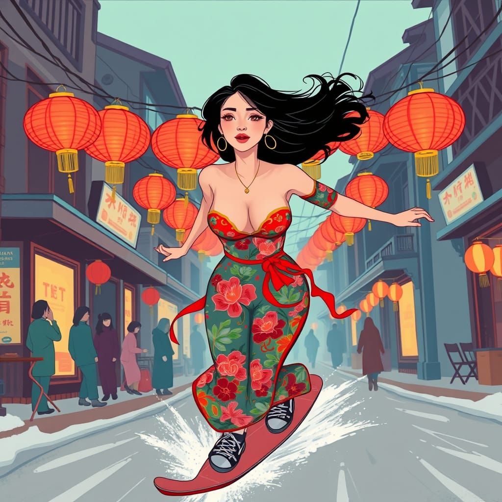 Vibrant Ao Dai Snowboarder in Tet Celebration Art