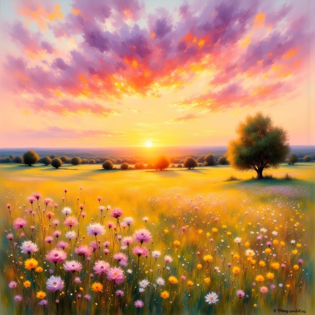 Golden Sunset Meadow: Impressionist Oil Painting