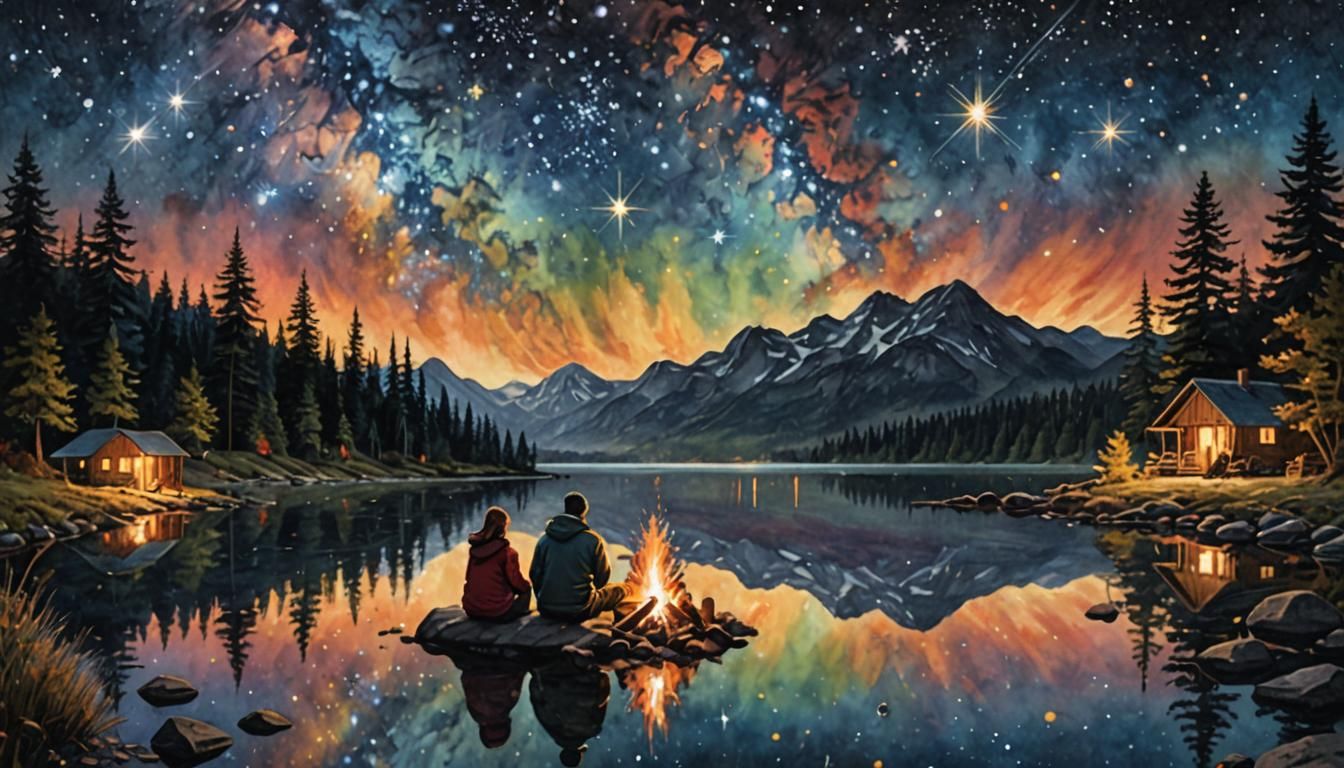 Family Campfire Scene in Detailed Watercolour Painting