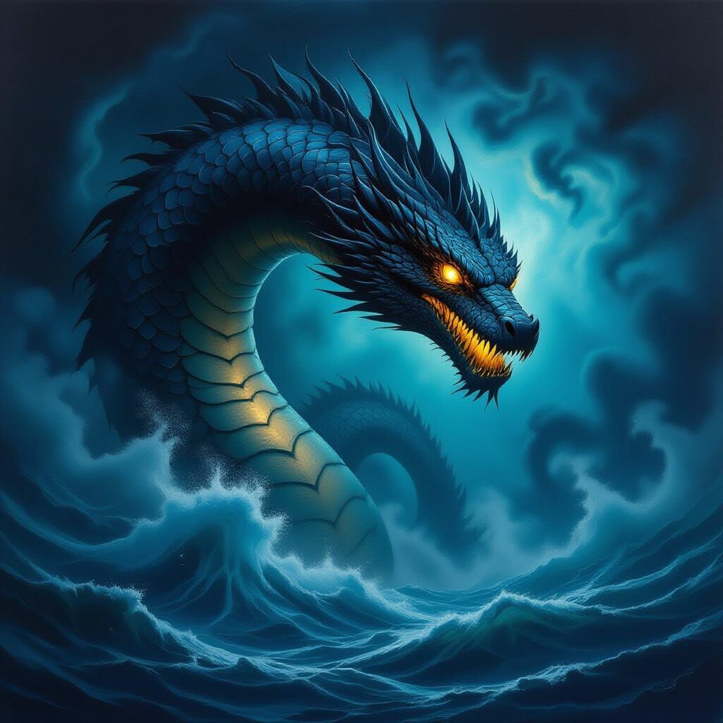 Ancient Sea Serpent with Obsidian Scales and Gold Eyes