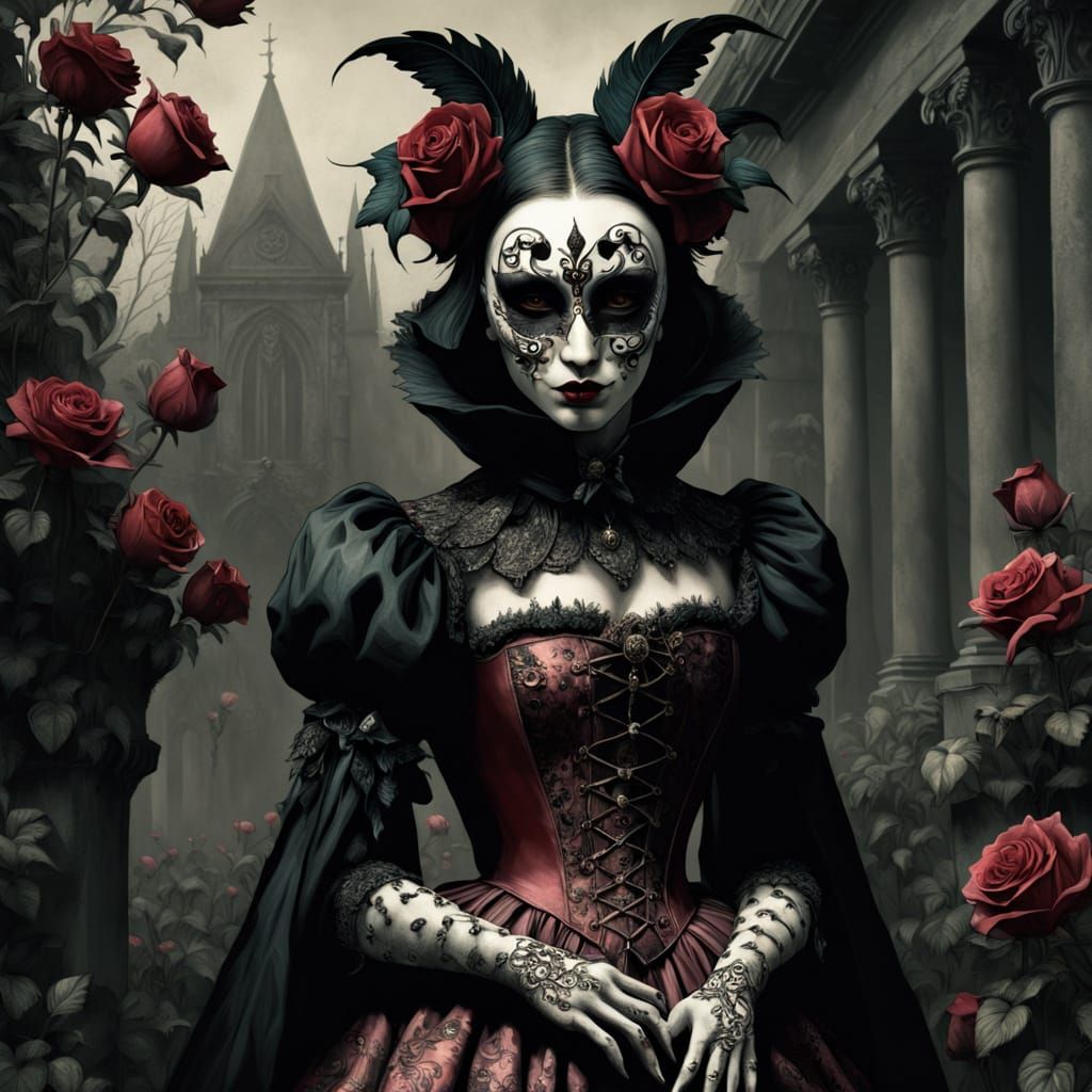 Sorrowful Harlequin Weeps Tears of Glitter in Gothic Rose Ga...