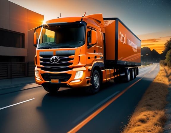 Modern Orange Wood Transport Truck at Night
