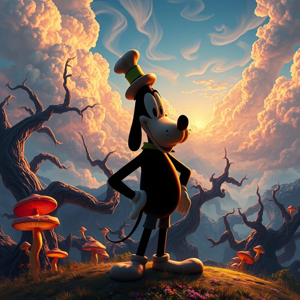 Majestic Goofy Silhouette in Dreamlike Fantasy Landscape
