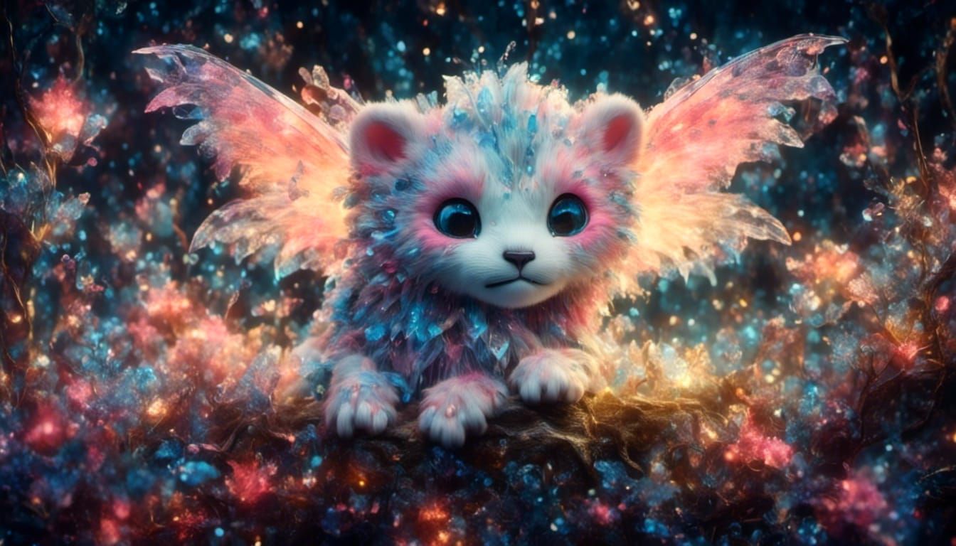 Winged Neon Lion Cub in Cyberpunk Fantasy Tree