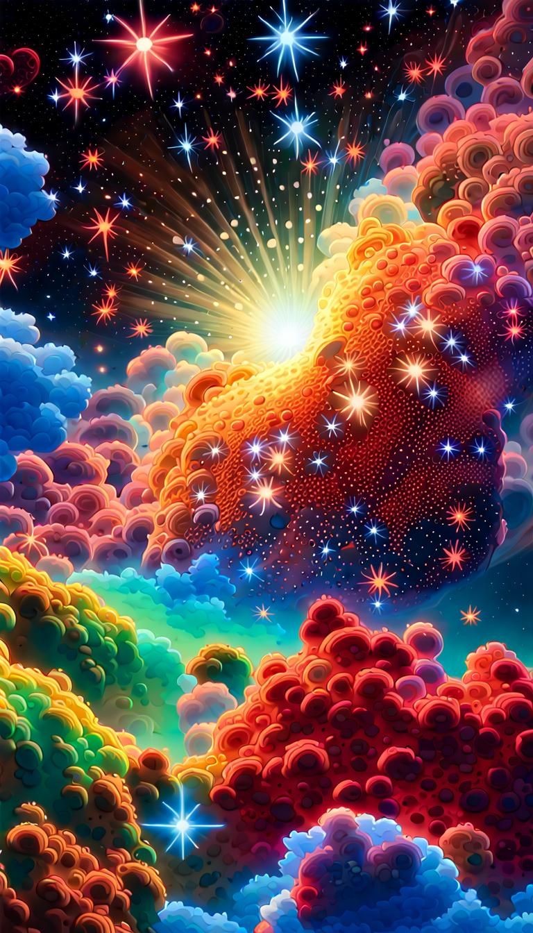 Night Sky in Globular Cluster: Neon Psychedelic Art